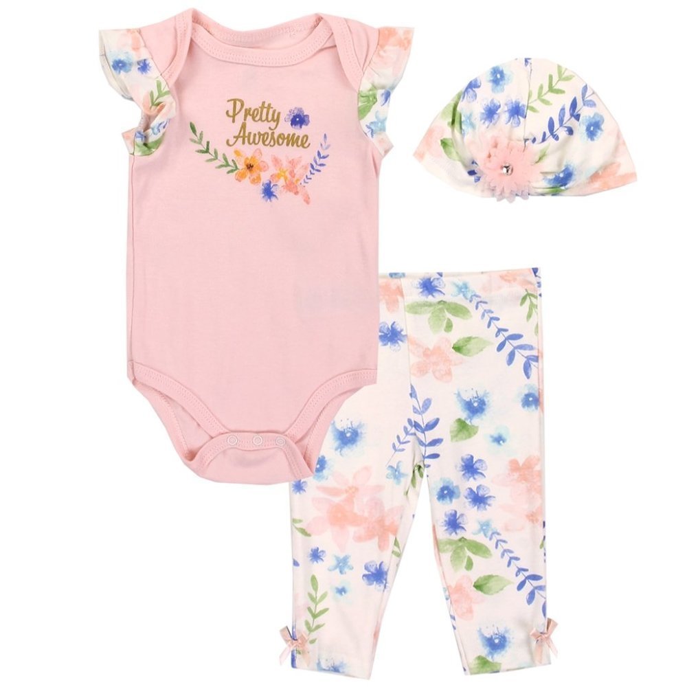 Baby Girls Pink 3-Piece Set |Creeper Pant Hat | 100% Cotton Spring Easter Gift